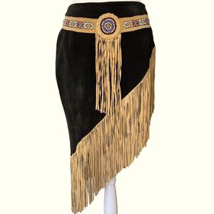 3BWEST SUEDE LEATHER BEADED DETAILED NATIVE SKIRT FRINGED